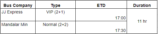 Taunggyi-Yangon bus schedule